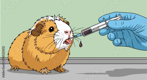 A gloved hand holds a syringe administering medicine to a guinea pig