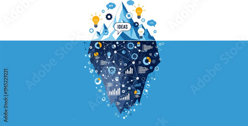 Abstract iceberg graphic with "Ideas" on top and data visualization below