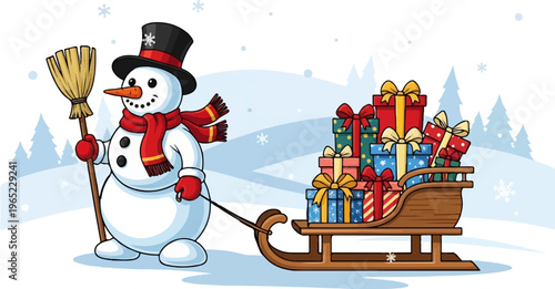 Snowman in a hat pulls a sleigh full of Christmas gifts through a snowy landscape