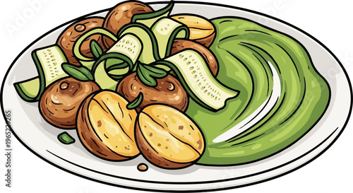 A plate of food with roasted potatoes, zucchini ribbons, and a green dip