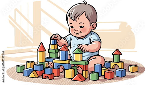Smiling baby building towers with colorful wooden blocks on a textured carpet