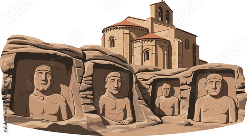 Ancient rock-carved figures and a Romanesque church in a stylized scene