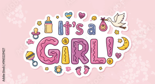 A sweet baby girl announcement with a stork, moon, and baby items