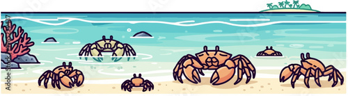 A pixel art beach scene with crabs, coral, rocks, and a distant island
