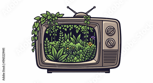 A vintage television set overflows with lush green plants and small yellow and purple flowers