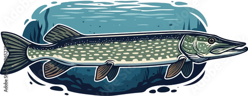 A pixelated illustration of a green and white spotted pike swimming in blue water
