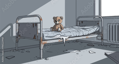 Abandoned hospital room with rusty bed, a lonely teddy bear, and debris