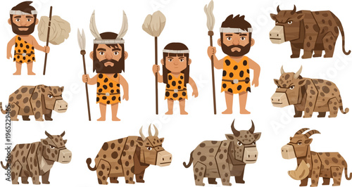 Primitive people in animal skins with spears and prehistoric cattle
