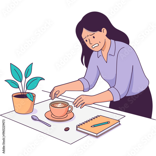 Woman sits at desk with coffee, plant, and notebook, appearing stressed