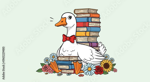 A whimsical goose in a bow tie sits amongst flowers and books