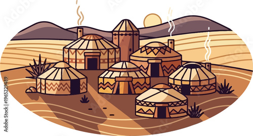 A settlement of circular tents in a dry, arid landscape under a setting sun