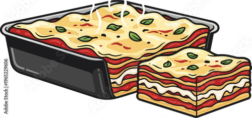 A steaming pan of layered pasta dish with a slice