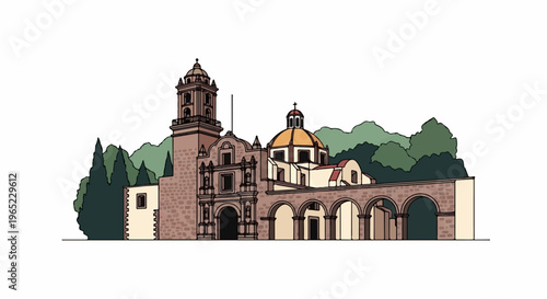 A stone religious building with a bell tower, dome, and arches