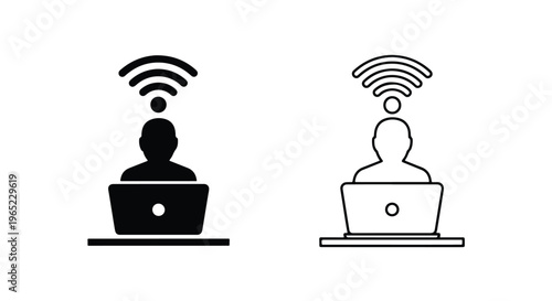 Remote worker with wireless connection - Minimalist, flat icon, outline, glyph, linear, clipart, sticker - icon set