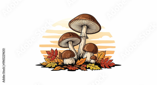 Autumn mushrooms and colorful fallen leaves with abstract background