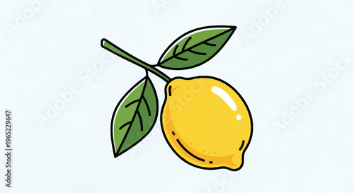 Bright yellow lemon with two green leaves on a light blue background