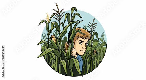 Boy peeking out of tall green corn stalks with others in background