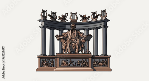 Bronze statue of a seated man in a classical building with musical instruments