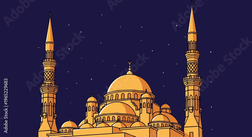 Pixel art of an illuminated golden mosque at night with a starry sky