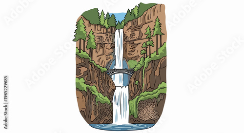 Cascading waterfall plunges between mossy cliffs spanned by a decorative bridge