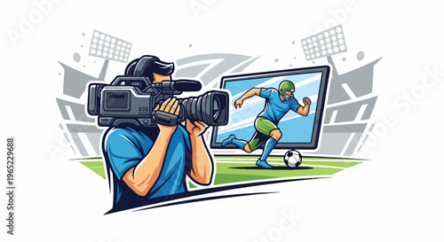 Cameraman records a football player in action on a stadium field