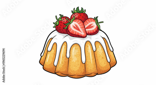 Cartoon bundt cake with white icing and strawberries