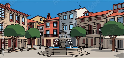 Courtyard with fountain, trees, benches and traditional buildings under a blue sky