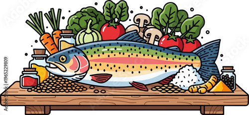 Colorful arrangement of fresh fish, vegetables, spices, and grains on a wooden table