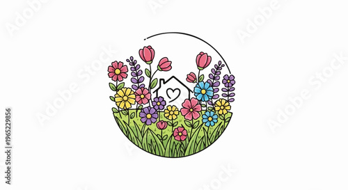 Cozy home with heart emblem surrounded by vibrant wildflowers