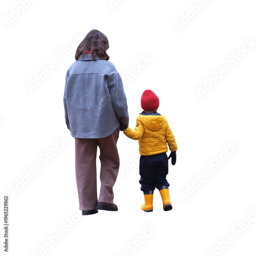 Woman holding hand of toddler walking together isolated on transparent background. Mother guiding little child outdoors. Family love, care, relationship and parenting support concept. Winter walk.