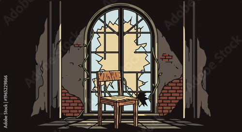 Abandoned room with broken window, vines, and wooden chair