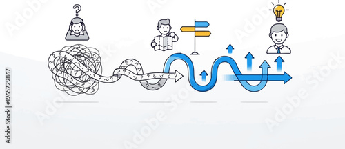 Cartoon illustrates a journey from confusion to clarity with a bright idea