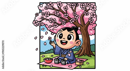 Cheerful child in kimono under cherry blossoms enjoying picnic