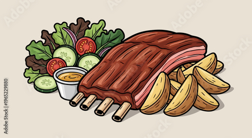 Delicious rack of ribs with potato wedges and a side salad