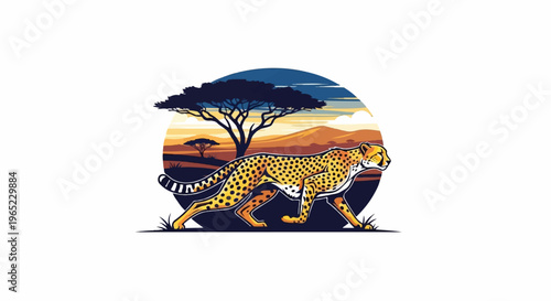Cheetah walking through savanna with acacia trees and mountains