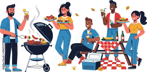 Diverse group enjoys an outdoor barbecue with grilling, drinks, and food