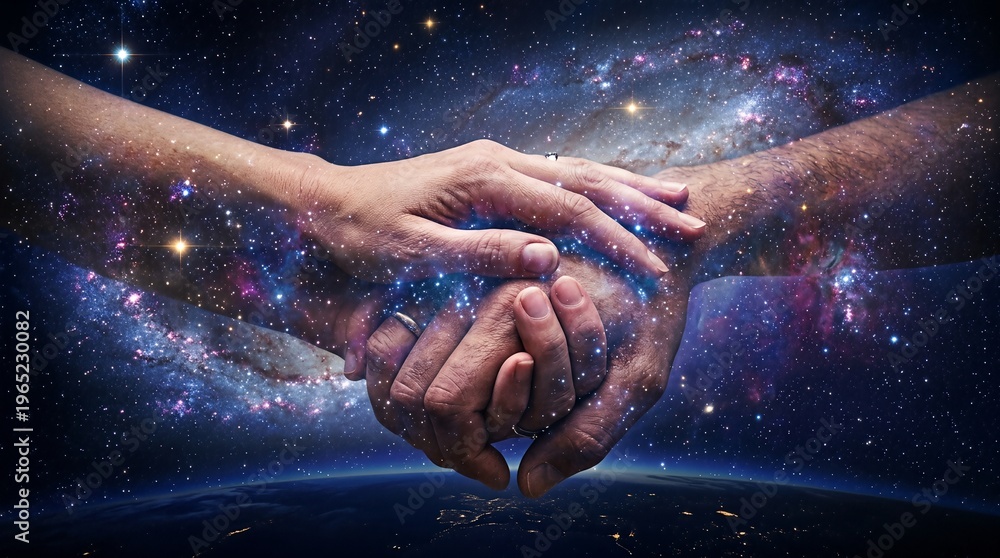 Fototapeta premium Two hands clasped together in a cosmic galaxy setting, symbolizing unity.