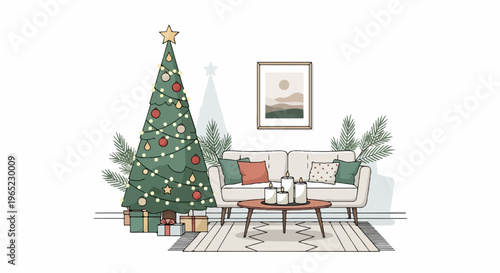 Cozy living room vignette with decorated Christmas tree, gifts, sofa, coffee table, and art