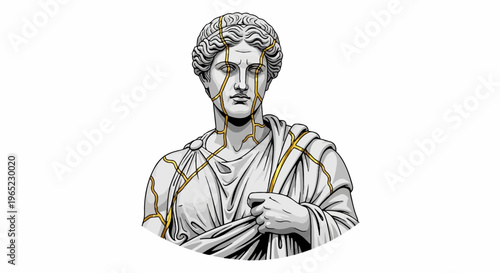 Cracked marble statue with gold seams, depicting a draped figure