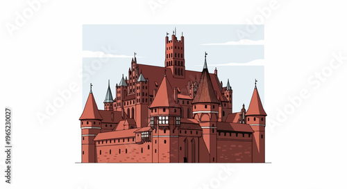 Ornate brick castle with multiple towers, spires, and turrets against a pale blue sky