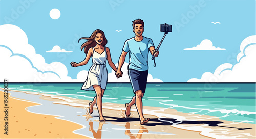Couple running on beach, holding hands and taking selfie