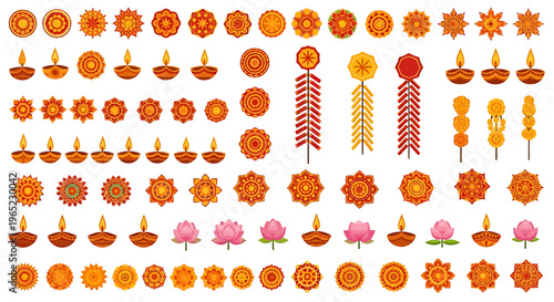 Collection of Diwali decorations, including lamps, flowers, and firecrackers, in a vibrant arrangement.