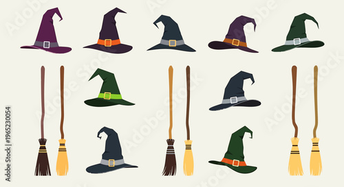 Collection of Halloween witch hats and brooms, perfect for spooky decorations.