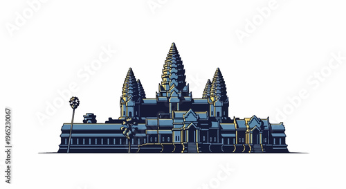 Ornate ancient temple complex with multiple tiered towers and a palm tree