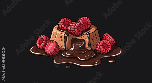 Decadent chocolate lava cake oozing with rich sauce, topped with fresh raspberries