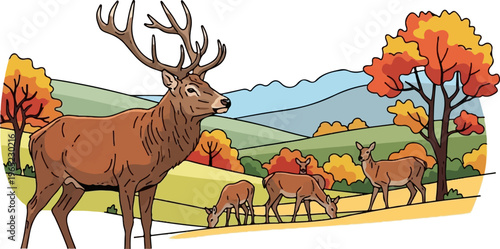 Majestic stag leads a herd of deer through rolling hills of autumn foliage