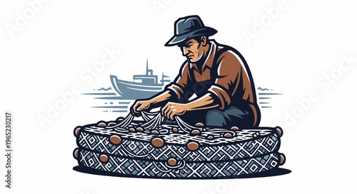 Fisherman mends nets beside a boat on the water