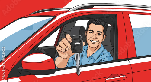 Man smiling inside red car, holding car key