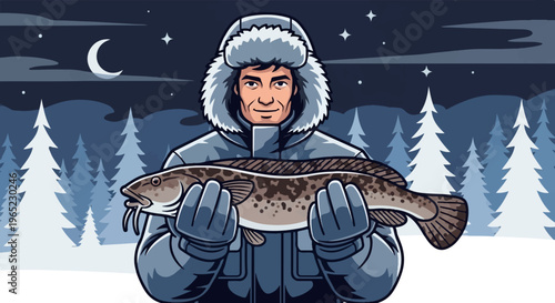 Fisherman holding a large catch in a snowy, moonlit forest