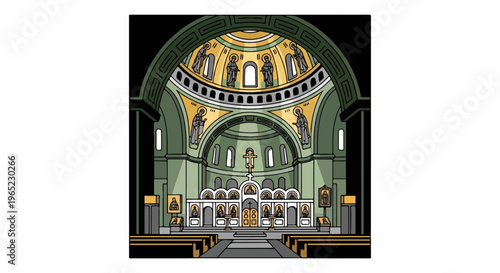 Interior view of a large cathedral with mosaics and seating